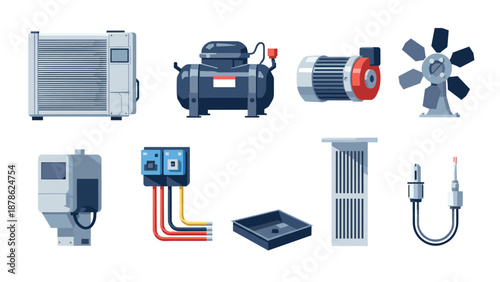 Industrial equipment set with modern flat style icons for manufacturing and engineering