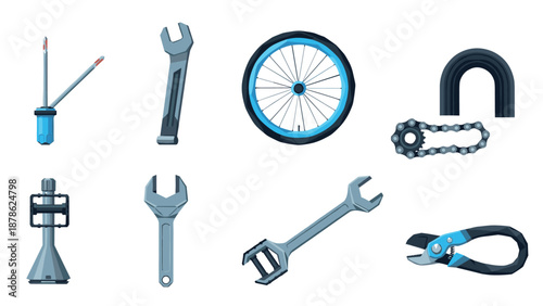 Bicycle repair tools collection in modern cartoon style for easy maintenance