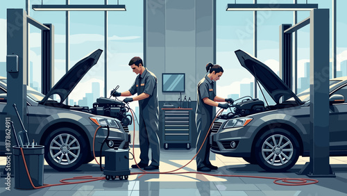 Automotive repair shop scene with mechanics working on cars in garage setting