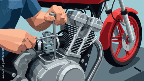 Mechanic working on motorcycle engine with tools in geometric art style