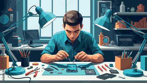 Focused technician repairing smartphone in modern workshop setting with geometric design