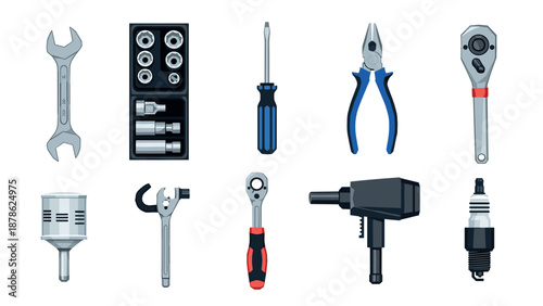 Diverse set of detailed repair tools collection for workshop and garage projects