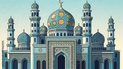 Elaborate Islamic mosque with minarets and domes traditional architecture illustration for cultural and religious themes isolated on sky background