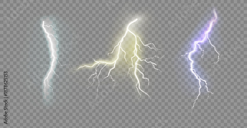 Set of the isolated realistic lightnings with transparency for design. Thunder-storm and lightnings. Magic and bright lighting effects. Natural effects