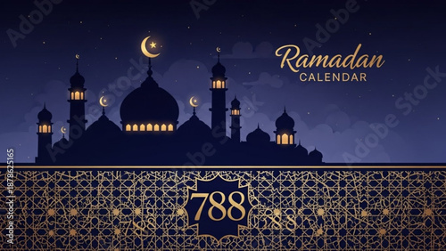 Ramadan calendar with mosque silhouette and Islamic pattern traditional greeting for holy month festive night sky background