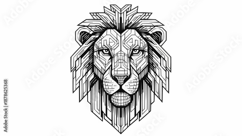 Geometric Lion Head Illustration Black and White.