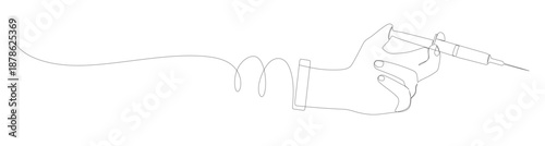 Continuous line art of a hand holding a syringe. Medical concept. This image is for a clinic banner. Vector illustration.