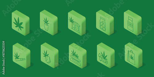 A set of symbols for legal marijuana, CBD, stores, and medicine. Vector images of leaves, jars, and products. From leaf to store – all aspects of the cannabis industry, legalization