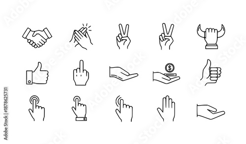 Quality Hand Gesture Outline Icon Set with Thumbs Up Victory and Helping Hand Symbols
