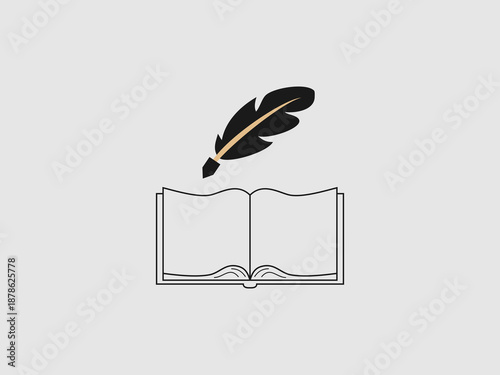 An open book with a black feather quill pen