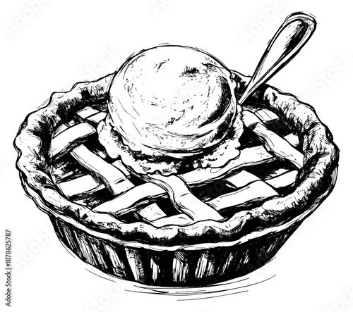 Hand drawn line art illustration of a pie depicting a dessert with a scoop of ice cream and a spoon for food and menu design