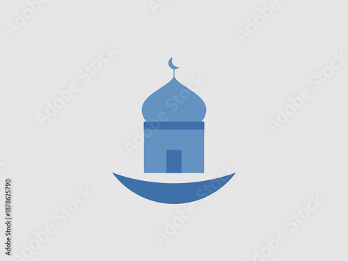 A blue mosque silhouette placed on a crescent moon
