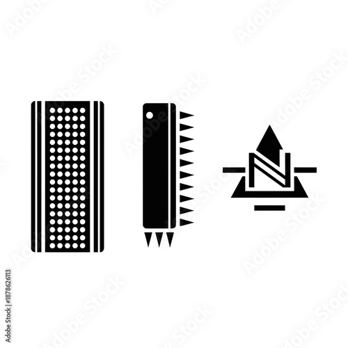 Black and white grater and pencil icons with geometric shapes
