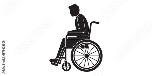 Disability wheel chair icon Silhouette vector style on white background,Detailed black silhouette of a man sitting in a manual wheelchair, depicted from a side profile, . isolated on white background