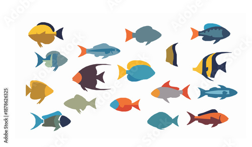 Colorful Flat Fish Collection Vector Illustration Isolated on White Background
