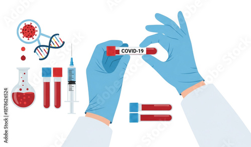Scientist holding COVID-19 blood sample flat vector illustration for vaccine research