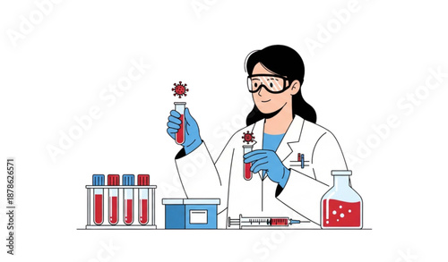 Coronavirus blood testing and vaccine development flat laboratory illustration