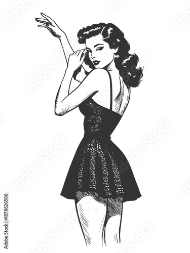 glamorous woman in a vintage dress, striking a confident and flirtatious pose inspired by pin-up art sketch engraving generative ai vector illustration. Scratch board imitation. Black and white image.