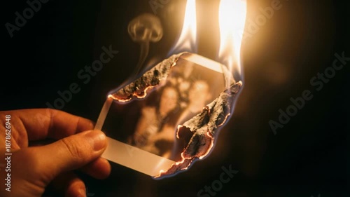 Close-up of a hand holding a burning instant photograph against a black background. Flames consuming a picture and turning it to ash. Concept of destroying memories, breakup, divorce, and loss