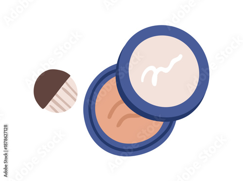 Compact powder case. Round makeup container with cosmetic, soft puff, sponge ...