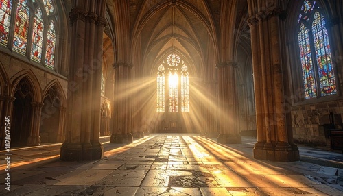 Interior of a cathedral bathed in sunlight, stained glass windows
