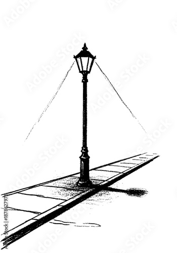 A vintage street lamp illuminating a sidewalk at night with a hand-drawn sketch artistic effect in vector illustration format