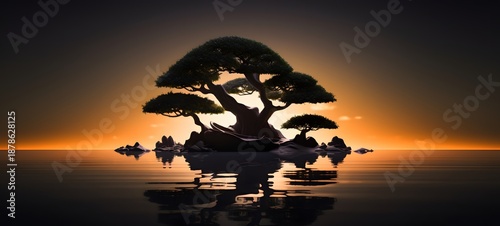 silhouette of banyan bonsai ,generative AI