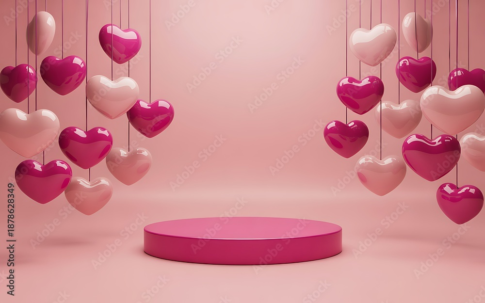 Fototapeta premium Pink hearts floating above a round platform