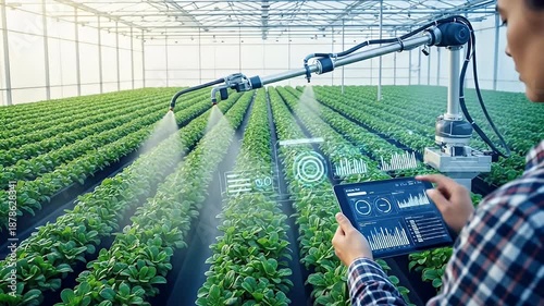 Automated Greenhouse Farming with Robotic Arm and Tablet Control.