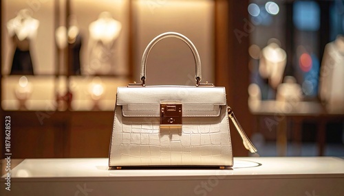 Elegant white purse with handle on display in luxury store, soft focus background