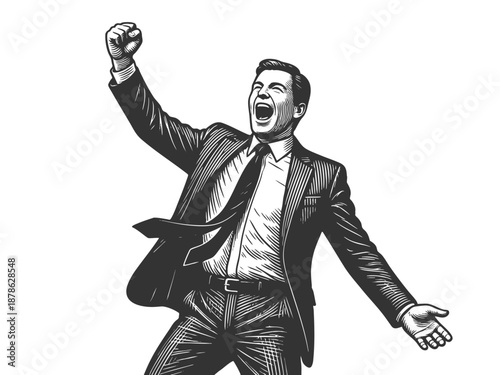 joyful businessman in suit with fists raised, shouting in celebration of achievement or breakthrough sketch engraving generative ai fictional character vector illustration. Black and white.