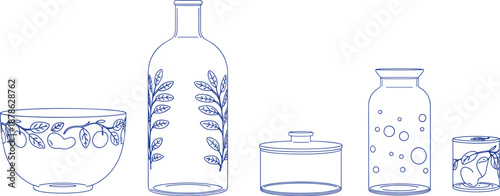 Hand drawn kitchen containers line art illustration, bottles jars bowl minimalist outline vector design for cooking oil storage decor set