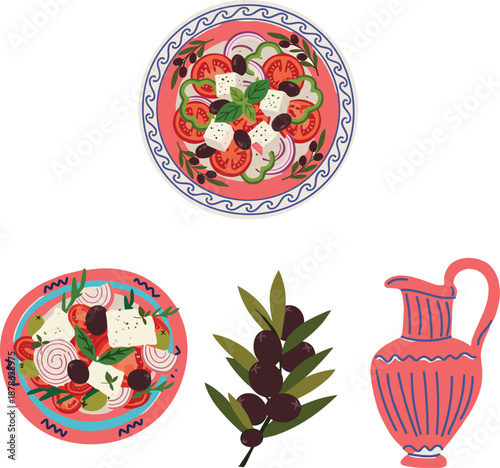 Mediterranean Greek food illustration, salad plate olives olive branch ceramic jug, traditional cuisine elements vector icons isolated design