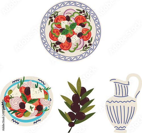 Mediterranean Greek food illustration, salad plate olives olive branch ceramic jug, traditional cuisine elements vector icons isolated design