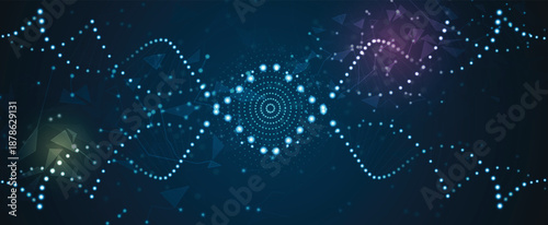 Futuristic molecule and genetic code, DNA strands, connected neural web