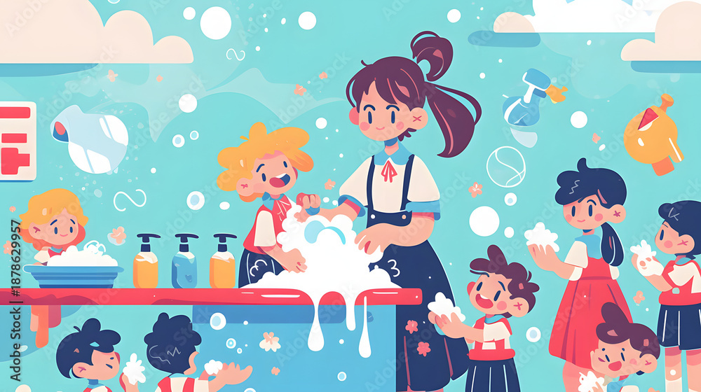 Fototapeta premium chibi teacher showing kids proper handwashing flat illustration