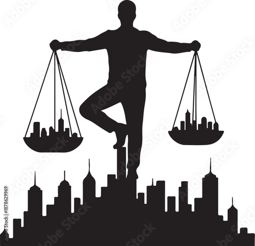 Silhouette of man balancing city skylines on scales perfectly