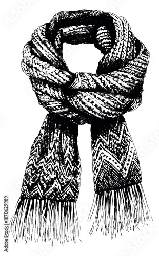 Hand drawn line art illustration of a scarf depicting a tied knitted texture for winter fashion