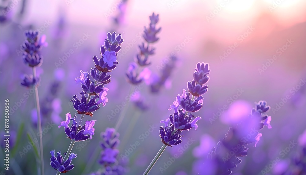 Obraz premium Close-up of Lavender Flowers in a Field at Sunset.
