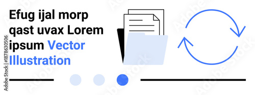 Folder holding documents, circular arrows for refresh or sync, and simple geometric accents. Ideal for productivity, organization, file sharing, collaboration, data sync, admin tools simple landing