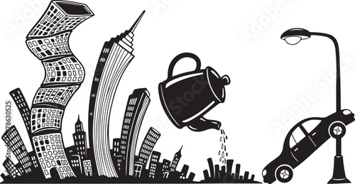 Black and white cityscape with teapot and car illustration