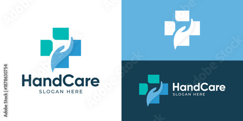 Creative simple hand care logo template. Cross plus with hand logo design vector illustration.