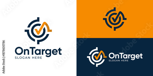 Creative simple on target logo template. Bulleyes with checkmark logo design vector illustration.