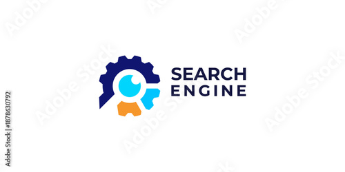 Creative simple search engine logo template. Cogwheel with eye and magnifying glass logo design vector illustration.
