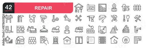 Set of line icons related to  tools, repairman, troubleshooting equipment and electronics, and more. Outline icons collection. Editable stroke. Vector illustration