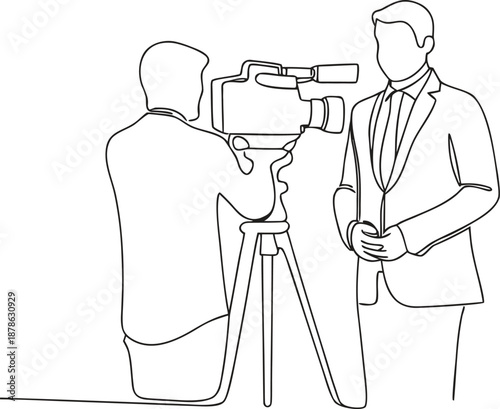 line drawing of man being interviewed by cameraman