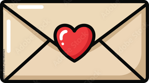 Cartoon Love Letter Envelope Sealed with a Shiny Red Heart Sticker.