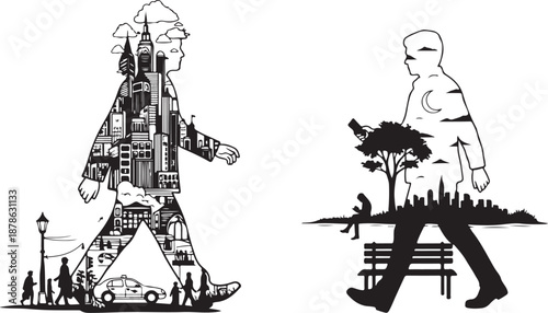 Contrasting city life and nature in modern urban setting