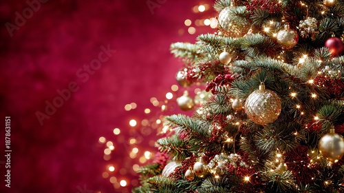 Radiant Holiday Evergreen: Red Background Christmas Tree with Gold Ornaments