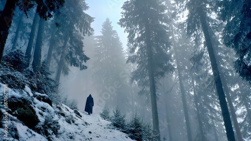 Mystic Wanderer: Enshrouded Pine Forest in Winter Mist